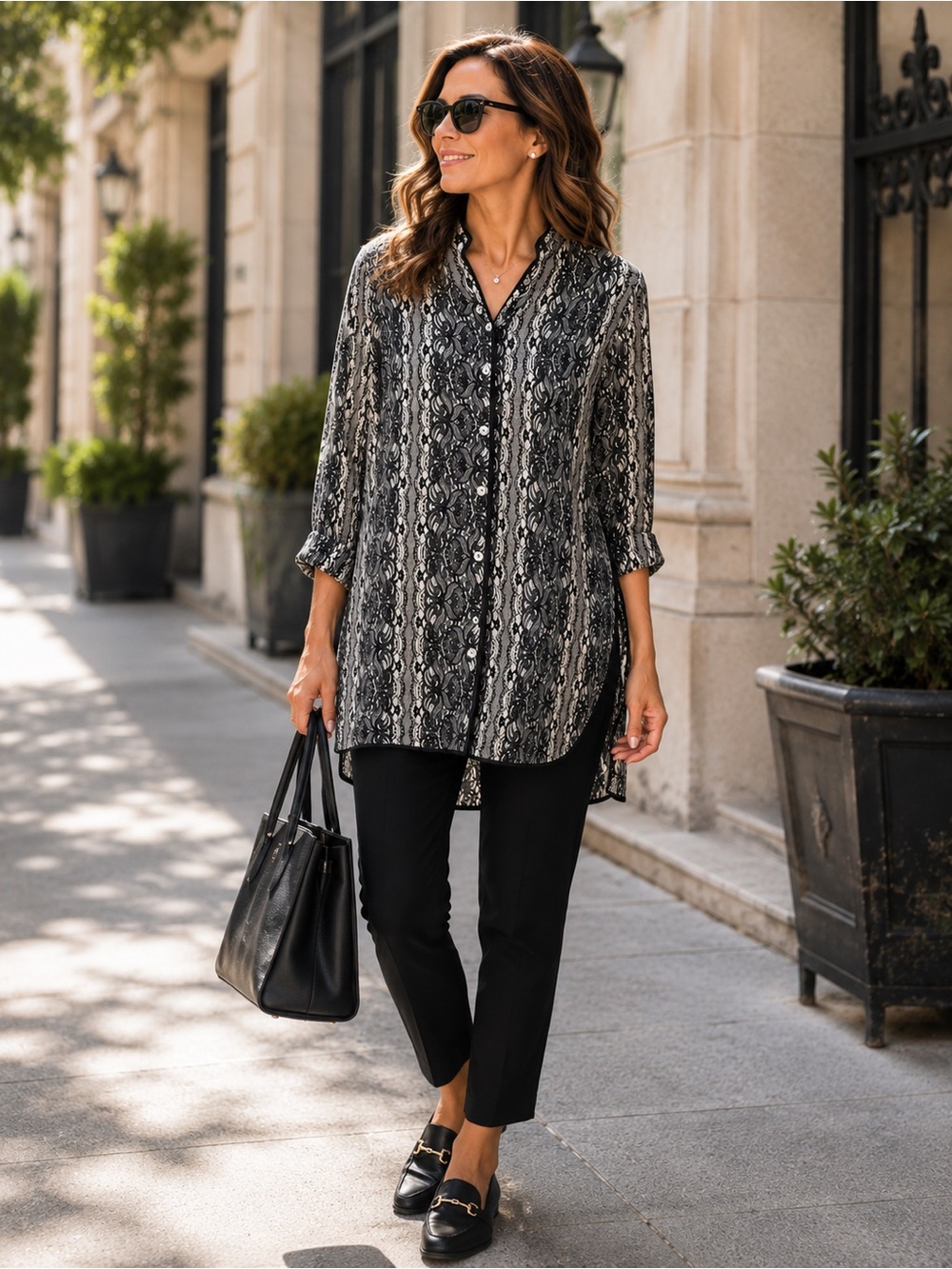 KOOS of Course! 100% Silk Long Tunic Blouse M Mother of Pearl Buttons